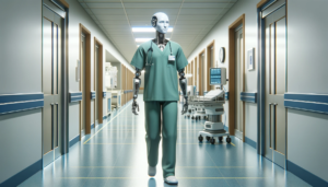 Un robot dall'aspetto umano cammina lungo la corsia di un ospedale. Il robot è estremamente simile a un essere umano, con alcune parti meccaniche