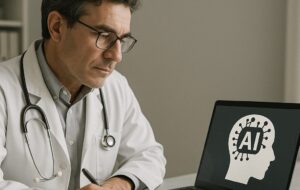 Un medico osserva un'immagine legata all'Intelligenza Artificiale che appare sullo schermo di un pc